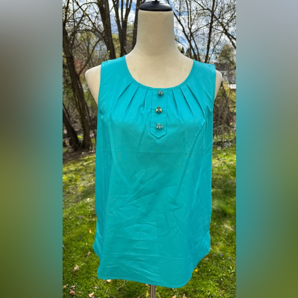 Share Talbots Cotton Sleeveless Blouse Teal Decorative Beetle Shaped Buttons NWT